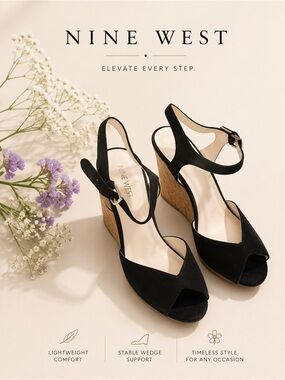 Nine West Black Open-Toe Cork Wedge Sandals
